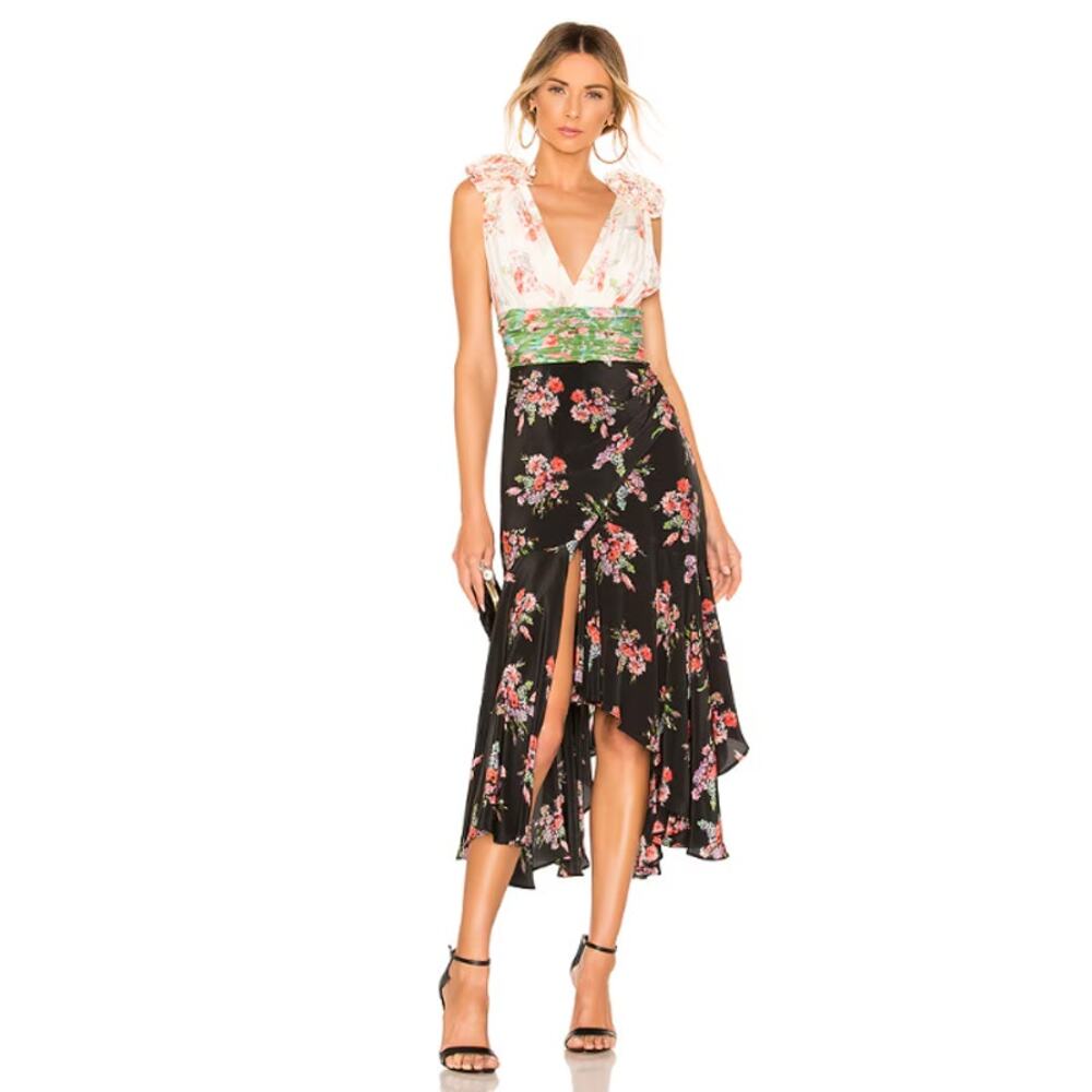 AMUR Floral Midi Dress in Black, Pink & Green